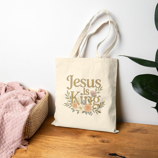 Jesus Is King Tote Bag | Floral Cross Christian Canvas Tote