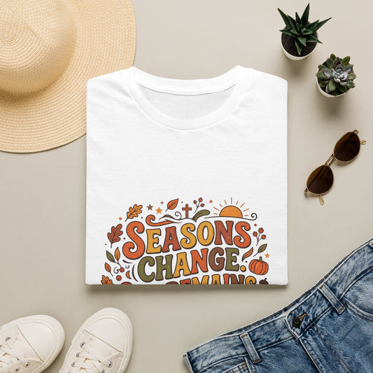Seasons Change God Remains T-Shirt — Autumn Faith Tee (Hebrews 13:8), Scripture, Christian, Fall