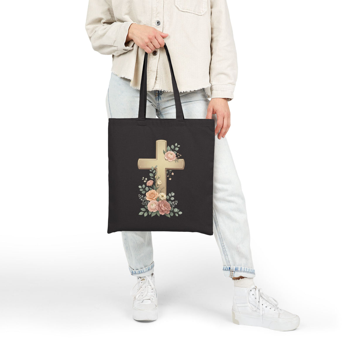 Jesus Is King Tote Bag | Floral Cross Christian Canvas Tote