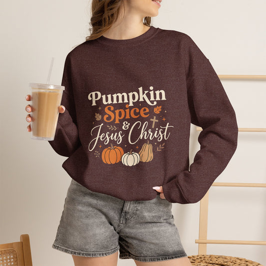 Pumpkin Spice & Jesus Christ Crewneck, Pumpkins and Leaves, Fall Autumn, Cozy Season, Christian, Soft and Comfy