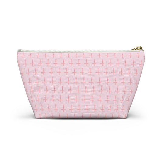 Pink Cross Pattern, Accessory Pouch, T-Bottom Zipper, Cosmetic Bag, Christian Gift