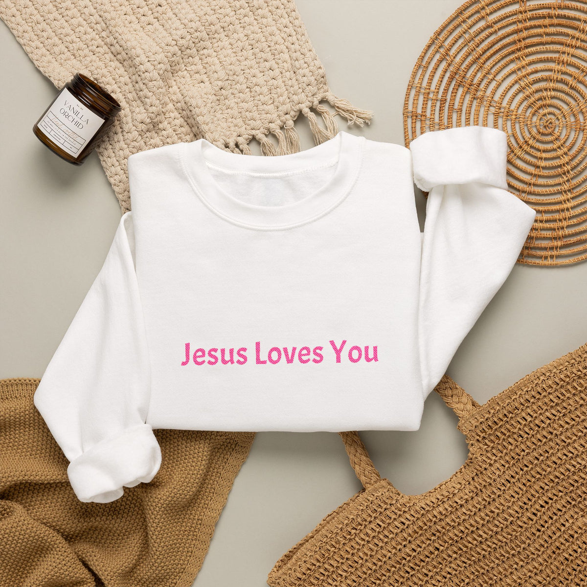 Jesus Loves You Embroidered Crewneck Sweatshirt | Religious Faith Tee, Christian Clothing