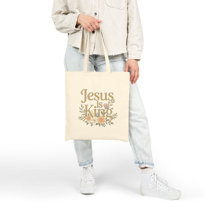 Jesus Is King Tote Bag | Floral Cross Christian Canvas Tote