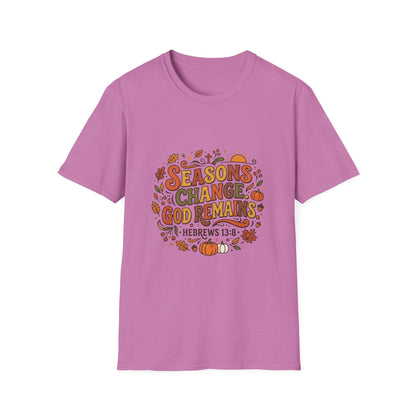 Seasons Change God Remains T-Shirt — Autumn Faith Tee (Hebrews 13:8), Scripture, Christian, Fall