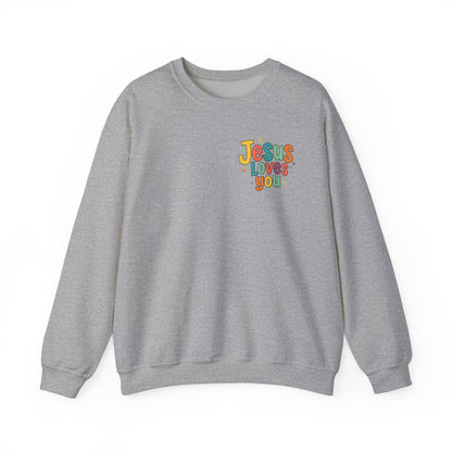 Jesus Loves You Crewneck Sweatshirt | Colorful Retro Faith Design