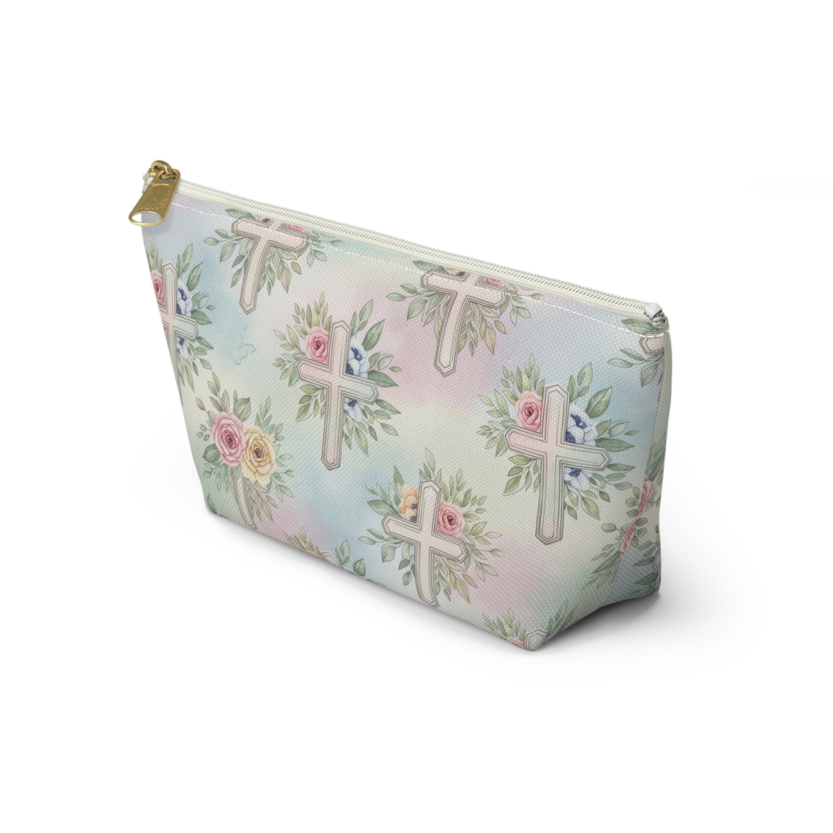 Floral Cross Accessory Pouch — Pastel Keepsake Makeup Bag, Christian
