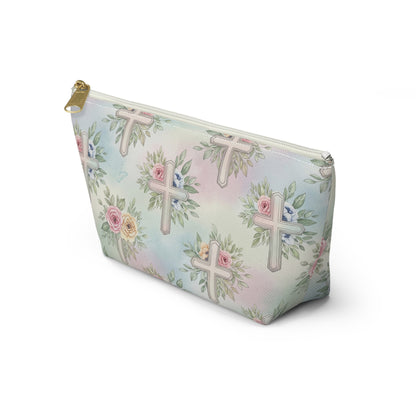 Floral Cross Accessory Pouch — Pastel Keepsake Makeup Bag, Christian