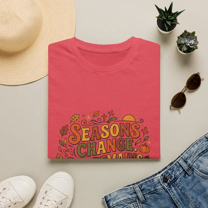 Seasons Change God Remains T-Shirt — Autumn Faith Tee (Hebrews 13:8), Scripture, Christian, Fall