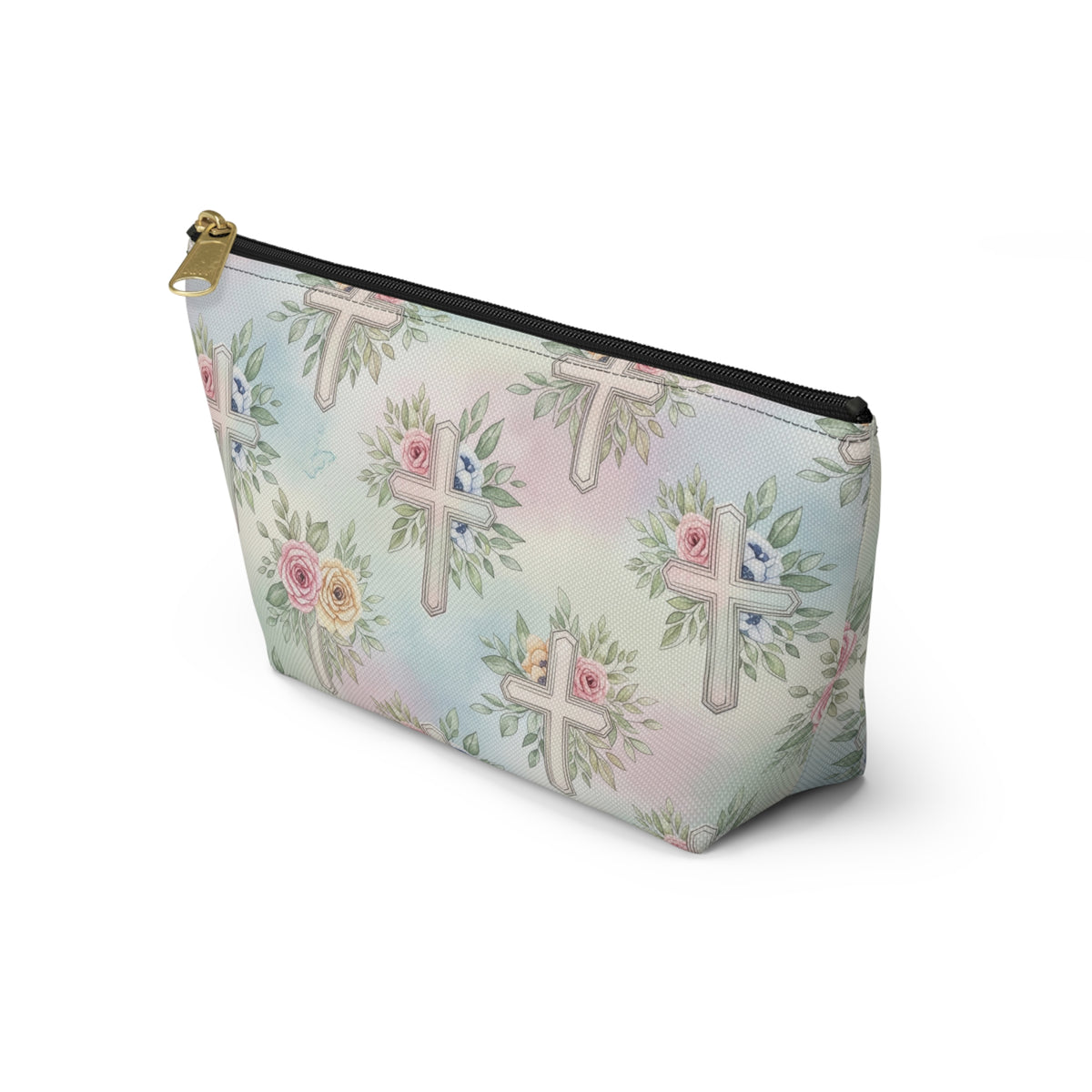 Floral Cross Accessory Pouch — Pastel Keepsake Makeup Bag, Christian