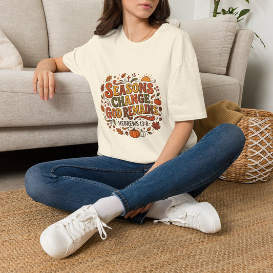 Seasons Change God Remains T-Shirt — Autumn Faith Tee (Hebrews 13:8), Scripture, Christian, Fall