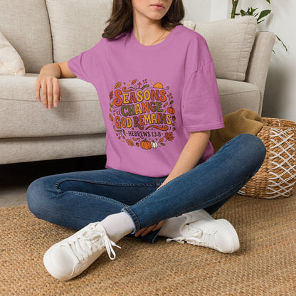 Seasons Change God Remains T-Shirt — Autumn Faith Tee (Hebrews 13:8), Scripture, Christian, Fall