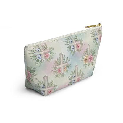 Floral Cross Accessory Pouch — Pastel Keepsake Makeup Bag, Christian
