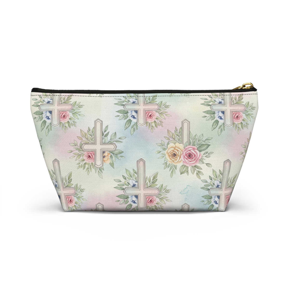 Floral Cross Accessory Pouch — Pastel Keepsake Makeup Bag, Christian