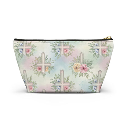 Floral Cross Accessory Pouch — Pastel Keepsake Makeup Bag, Christian