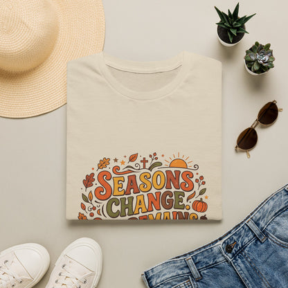 Seasons Change God Remains T-Shirt — Autumn Faith Tee (Hebrews 13:8), Scripture, Christian, Fall
