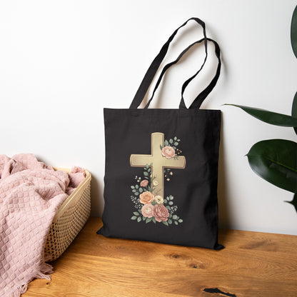 Jesus Is King Tote Bag | Floral Cross Christian Canvas Tote