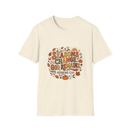 Seasons Change God Remains T-Shirt — Autumn Faith Tee (Hebrews 13:8), Scripture, Christian, Fall
