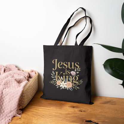 Jesus Is King Tote Bag | Floral Cross Christian Canvas Tote