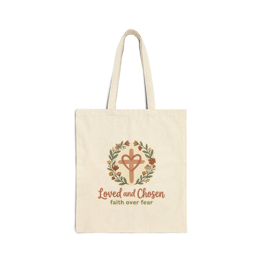 Loved and Chosen cross wreath Tote Bag | faith over fear