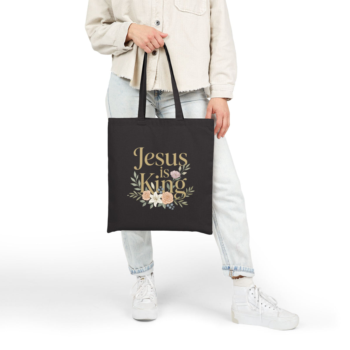 Jesus Is King Tote Bag | Floral Cross Christian Canvas Tote