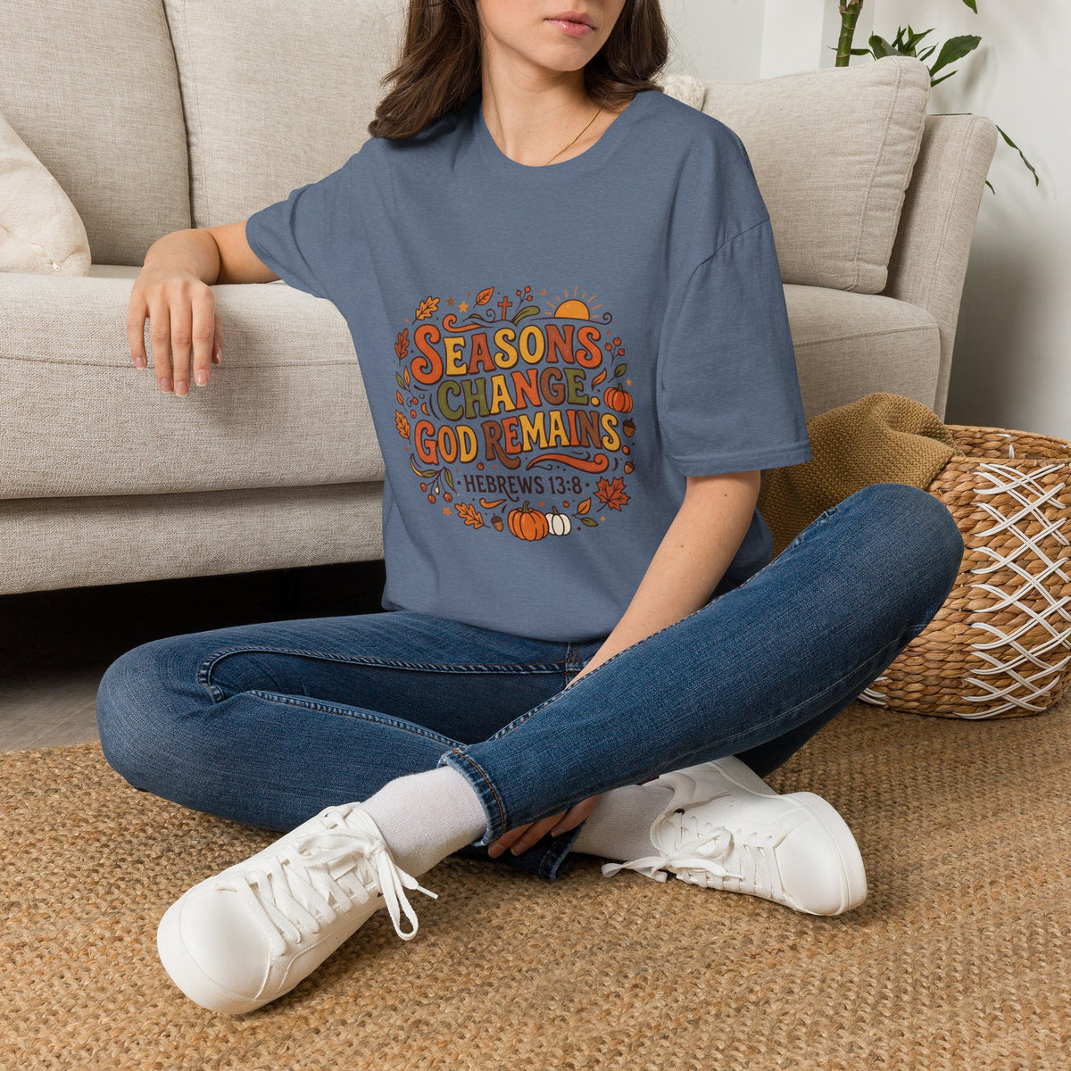 Seasons Change God Remains T-Shirt — Autumn Faith Tee (Hebrews 13:8), Scripture, Christian, Fall