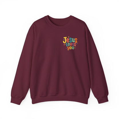 Jesus Loves You Crewneck Sweatshirt | Colorful Retro Faith Design
