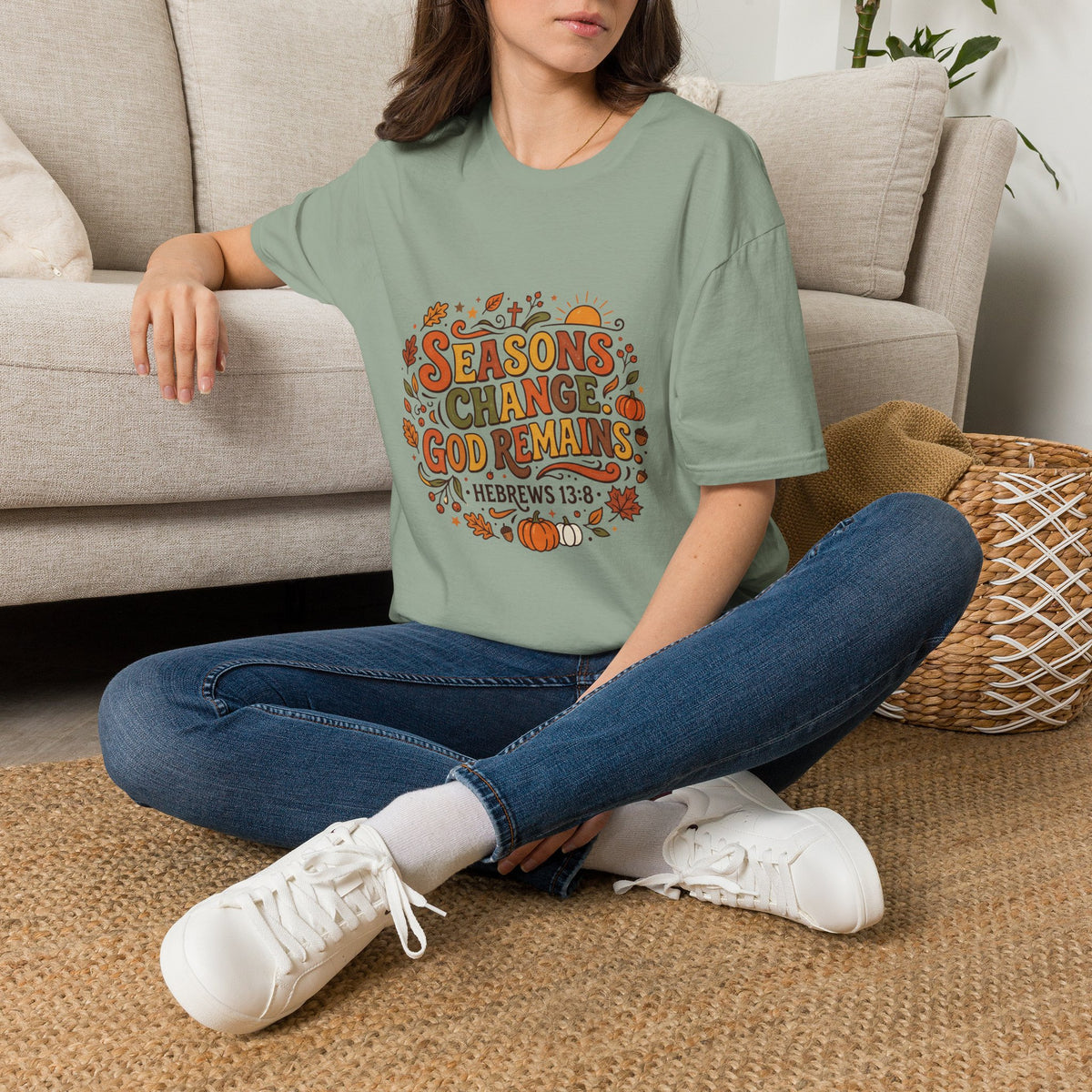 Seasons Change God Remains T-Shirt — Autumn Faith Tee (Hebrews 13:8), Scripture, Christian, Fall