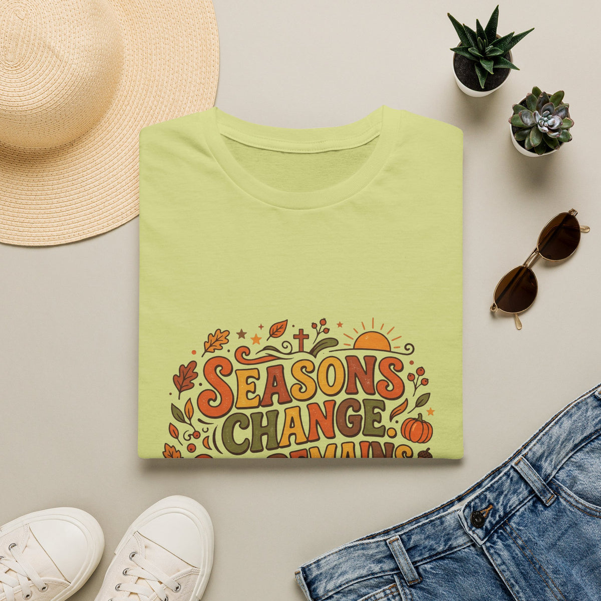 Seasons Change God Remains T-Shirt — Autumn Faith Tee (Hebrews 13:8), Scripture, Christian, Fall
