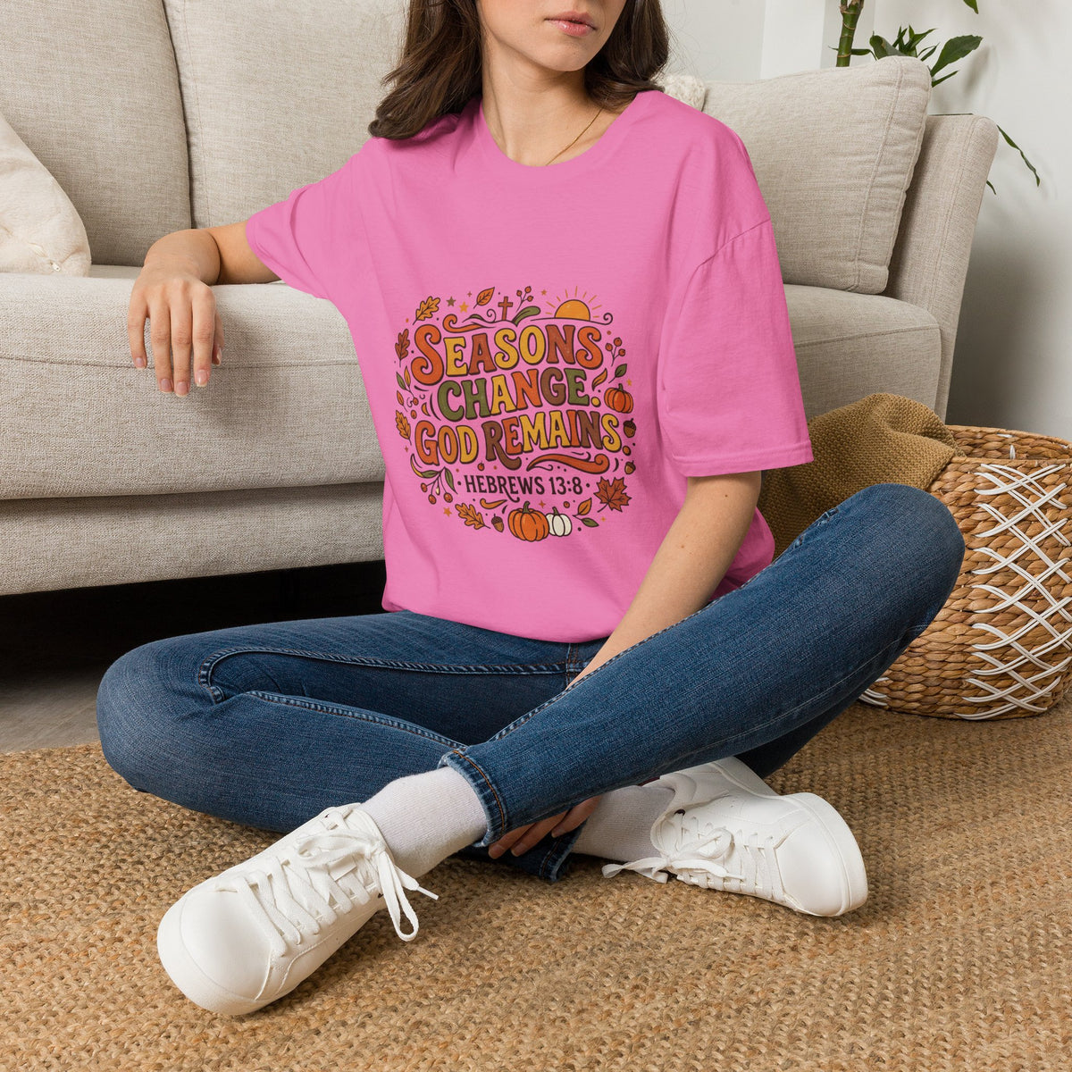 Seasons Change God Remains T-Shirt — Autumn Faith Tee (Hebrews 13:8), Scripture, Christian, Fall