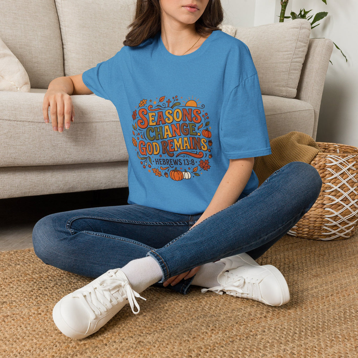 Seasons Change God Remains T-Shirt — Autumn Faith Tee (Hebrews 13:8), Scripture, Christian, Fall