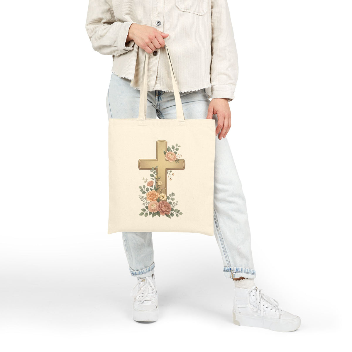 Jesus Is King Tote Bag | Floral Cross Christian Canvas Tote