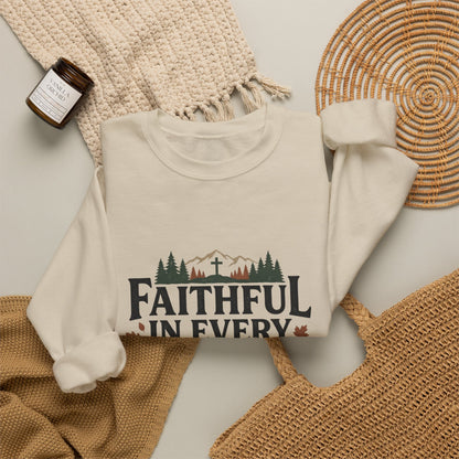 Faithful in Every Season Sweatshirt, Scripture, Nature Mountain, Cross Design, Christian, Men