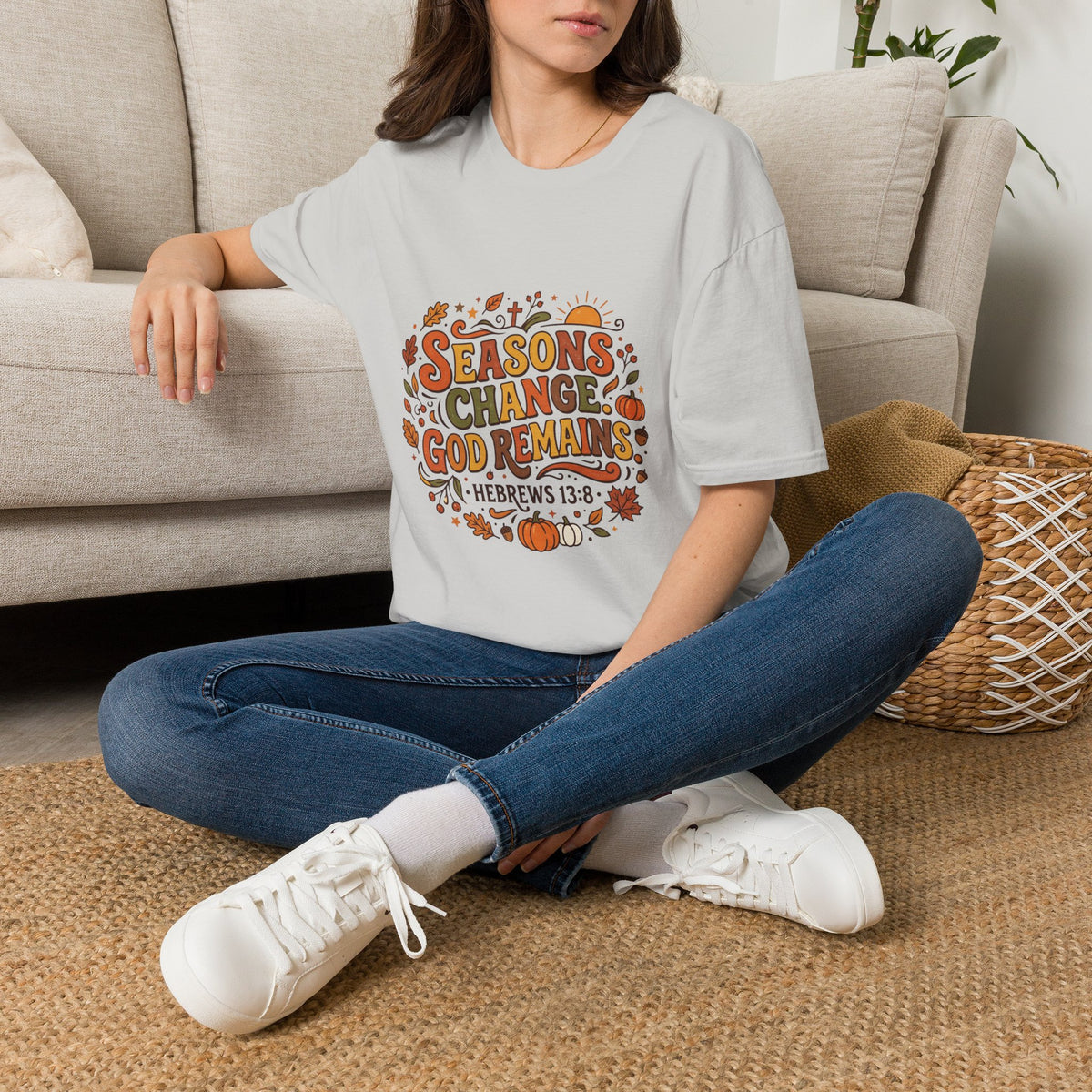 Seasons Change God Remains T-Shirt — Autumn Faith Tee (Hebrews 13:8), Scripture, Christian, Fall