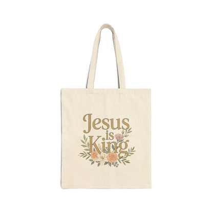 Jesus Is King Tote Bag | Floral Cross Christian Canvas Tote