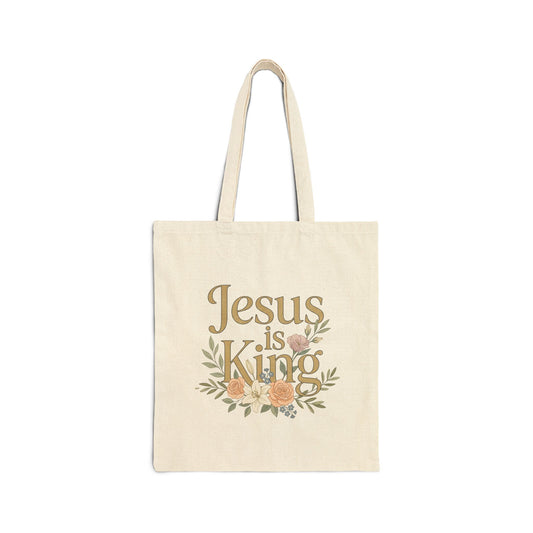 Jesus Is King Tote Bag | Floral Cross Christian Canvas Tote