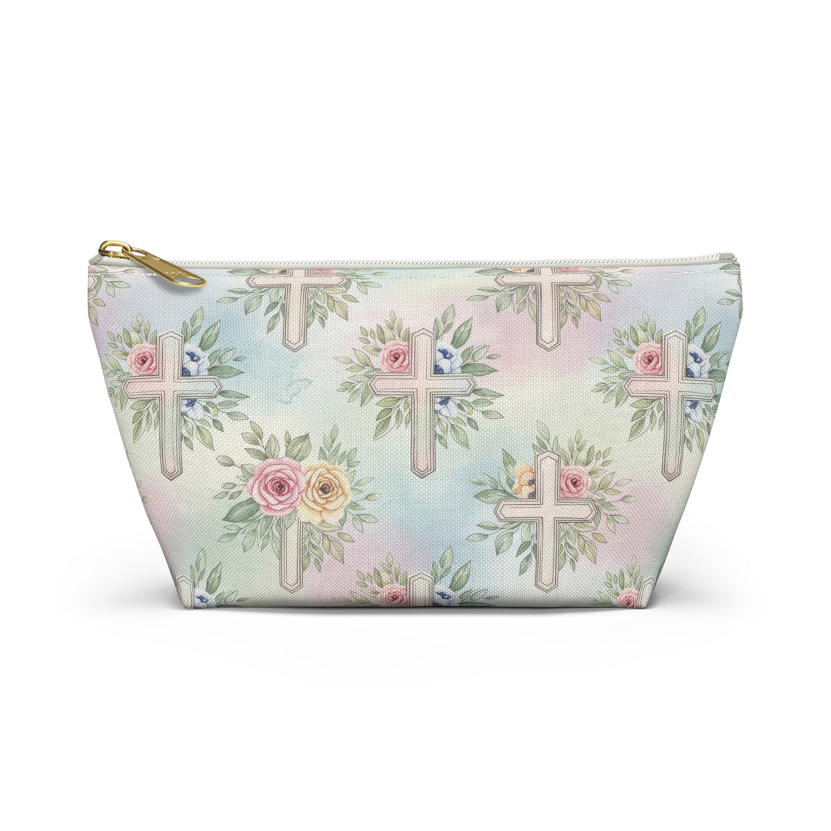 Floral Cross Accessory Pouch — Pastel Keepsake Makeup Bag, Christian