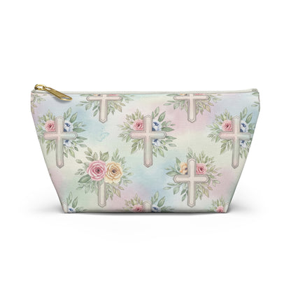 Floral Cross Accessory Pouch — Pastel Keepsake Makeup Bag, Christian