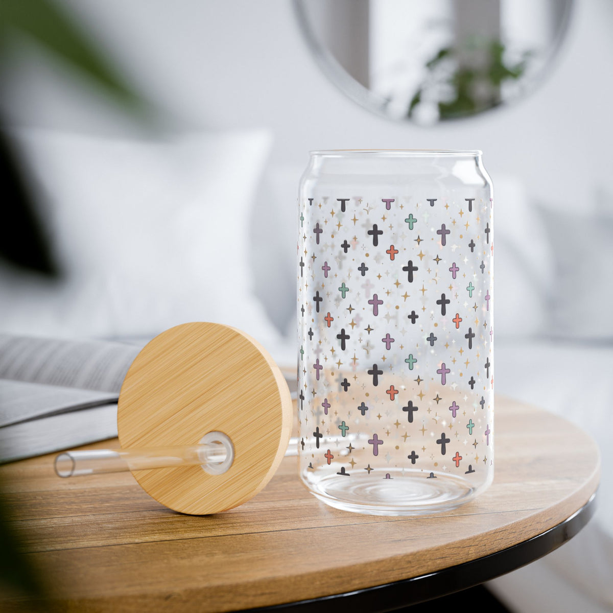 Iridescent Cross Pattern Sipper Glass