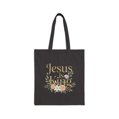 Jesus Is King Tote Bag | Floral Cross Christian Canvas Tote