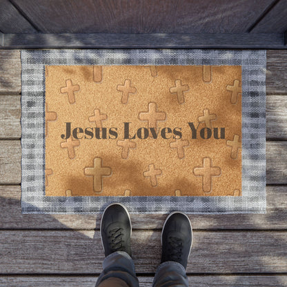 Jesus Loves You Cross Christian Doormat | Coir Cross Pattern Welcome Mat