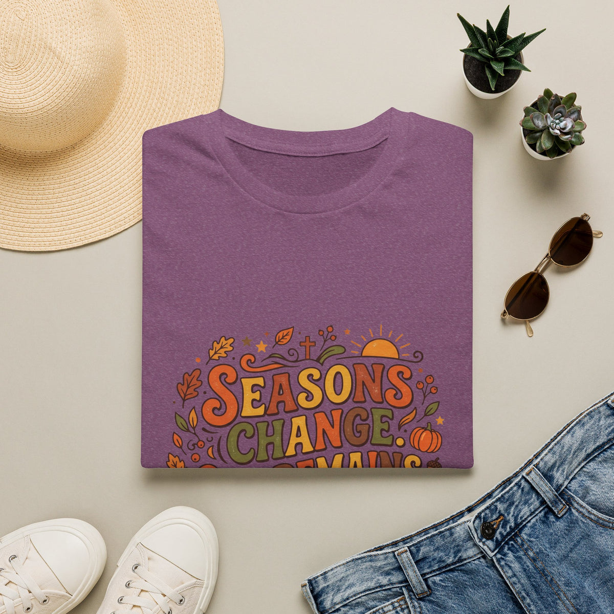 Seasons Change God Remains T-Shirt — Autumn Faith Tee (Hebrews 13:8), Scripture, Christian, Fall