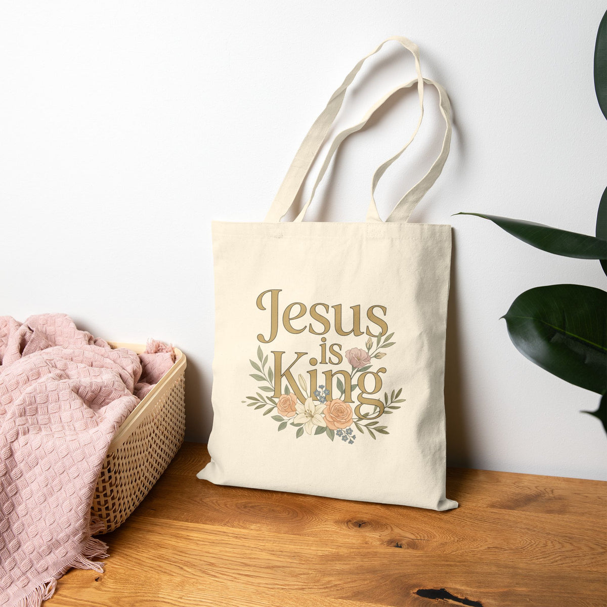 Jesus Is King Tote Bag | Floral Cross Christian Canvas Tote