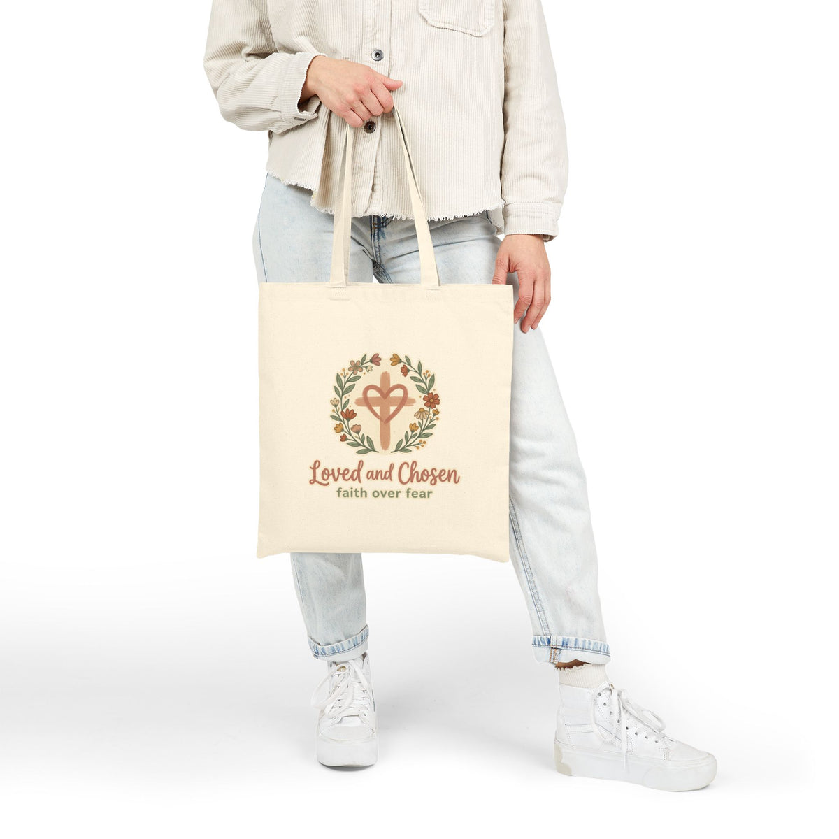 Loved and Chosen cross wreath Tote Bag | faith over fear