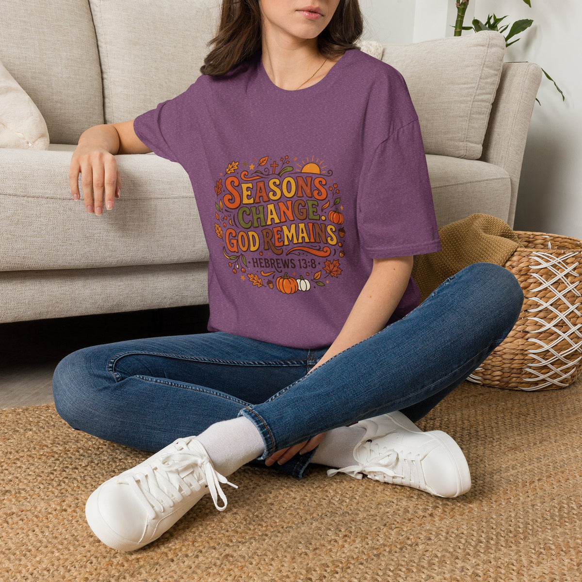 Seasons Change God Remains T-Shirt — Autumn Faith Tee (Hebrews 13:8), Scripture, Christian, Fall