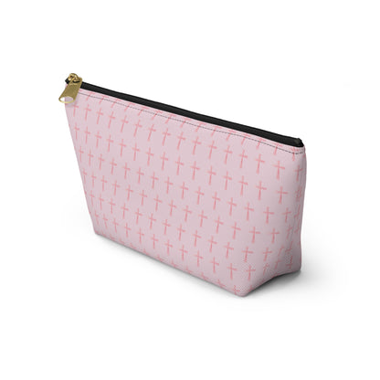 Pink Cross Pattern, Accessory Pouch, T-Bottom Zipper, Cosmetic Bag, Christian Gift