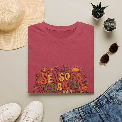 Seasons Change God Remains T-Shirt — Autumn Faith Tee (Hebrews 13:8), Scripture, Christian, Fall