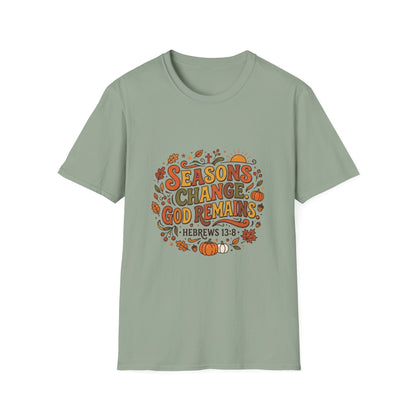 Seasons Change God Remains T-Shirt — Autumn Faith Tee (Hebrews 13:8), Scripture, Christian, Fall