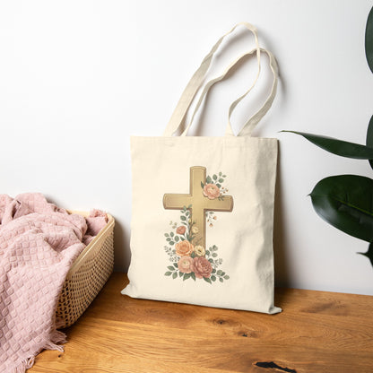 Jesus Is King Tote Bag | Floral Cross Christian Canvas Tote