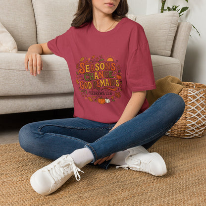 Seasons Change God Remains T-Shirt — Autumn Faith Tee (Hebrews 13:8), Scripture, Christian, Fall