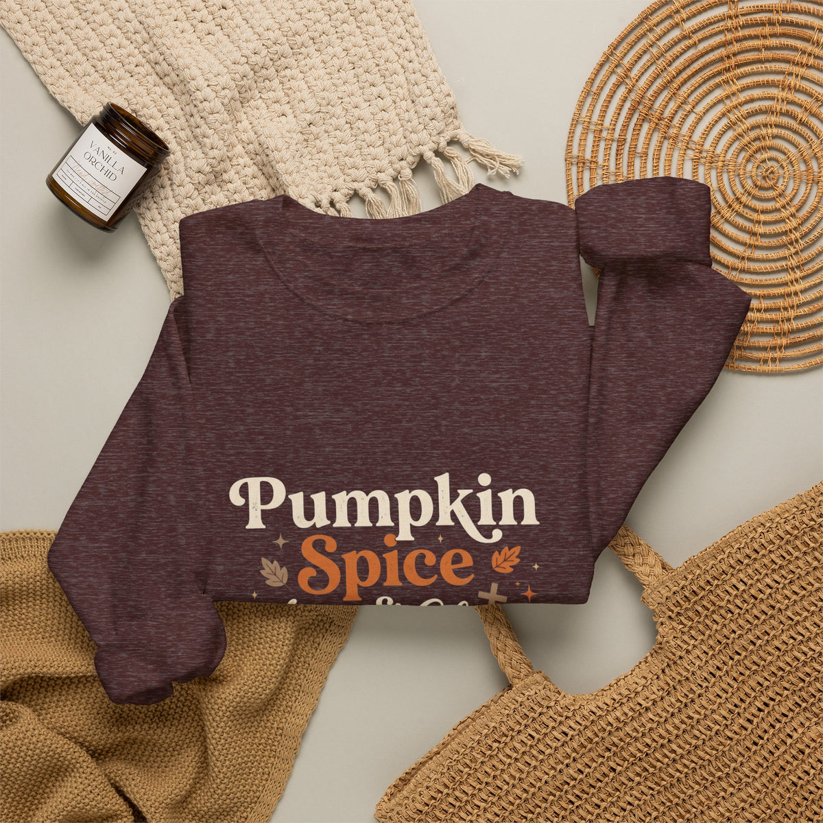 Pumpkin Spice & Jesus Christ Crewneck, Pumpkins and Leaves, Fall Autumn, Cozy Season, Christian, Soft and Comfy